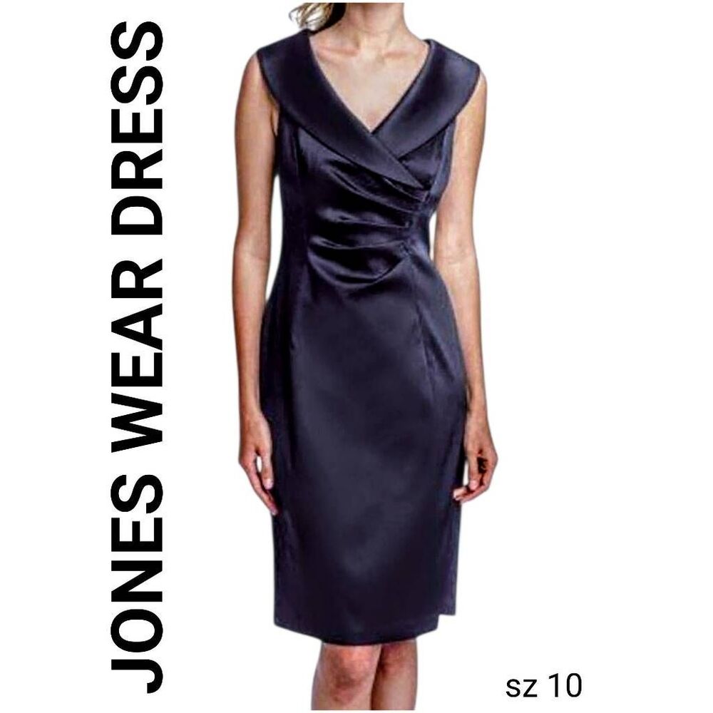 Jones Wear Navy Mock Wrap Gathered Sheath Dress FREE SHIPPING